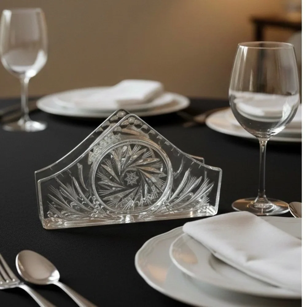 Crystal Glass Napkin/Letter Holder Cut Glass Starburst Design‎ Clear Heavy Duty
